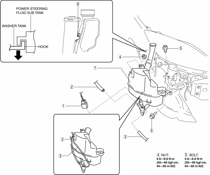  Mazda 3 Manual de servicio - Extracción/instalación del tanque de lavado - Arandelas