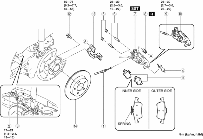  Mazda 3 Manual de taller - Extracción/instalación del freno trasero (disco) - Frenos de disco