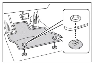 Subaru Solterra floor mat installation step 1 retaining hooks placement