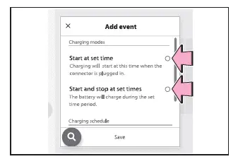 Subaru Solterra charging mode selection screen with start and start stop options