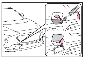 Subaru Solterra towing eyelet cover removal with protective cloth to prevent paint damage